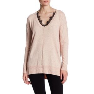 Topshop Lace Trim V-Neck Oversized Pale Pink Speckled Sweater Womens Size 6